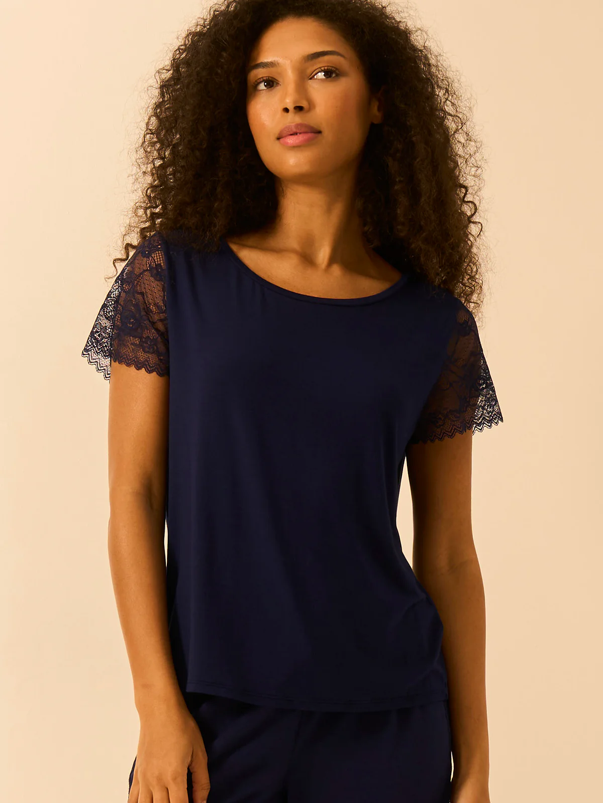 Eco Lace Slouchy Pyjama Top - Navy