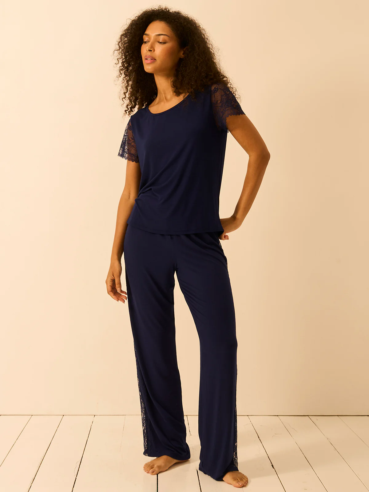 Eco Lace Slouchy Pyjama Top - Navy - Image 4