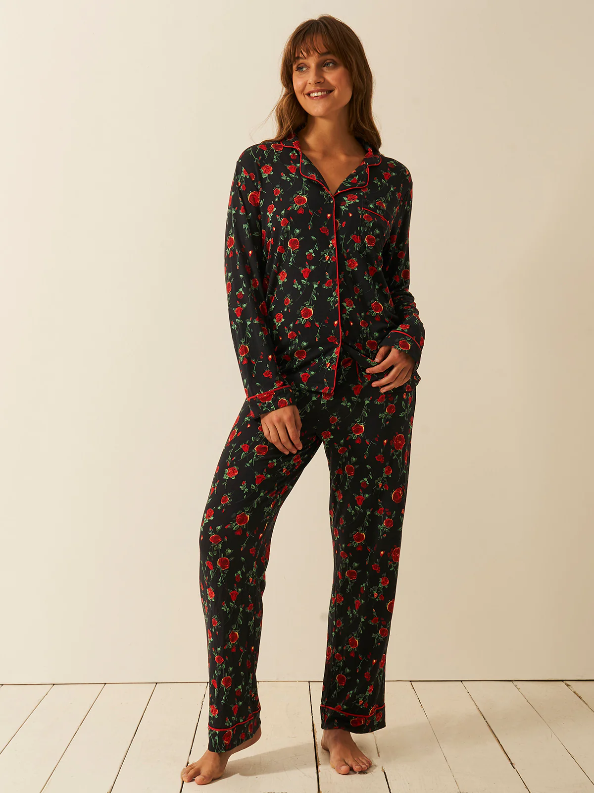 Long Pyjama Set - RIXO Claudia Rose Black - Image 4