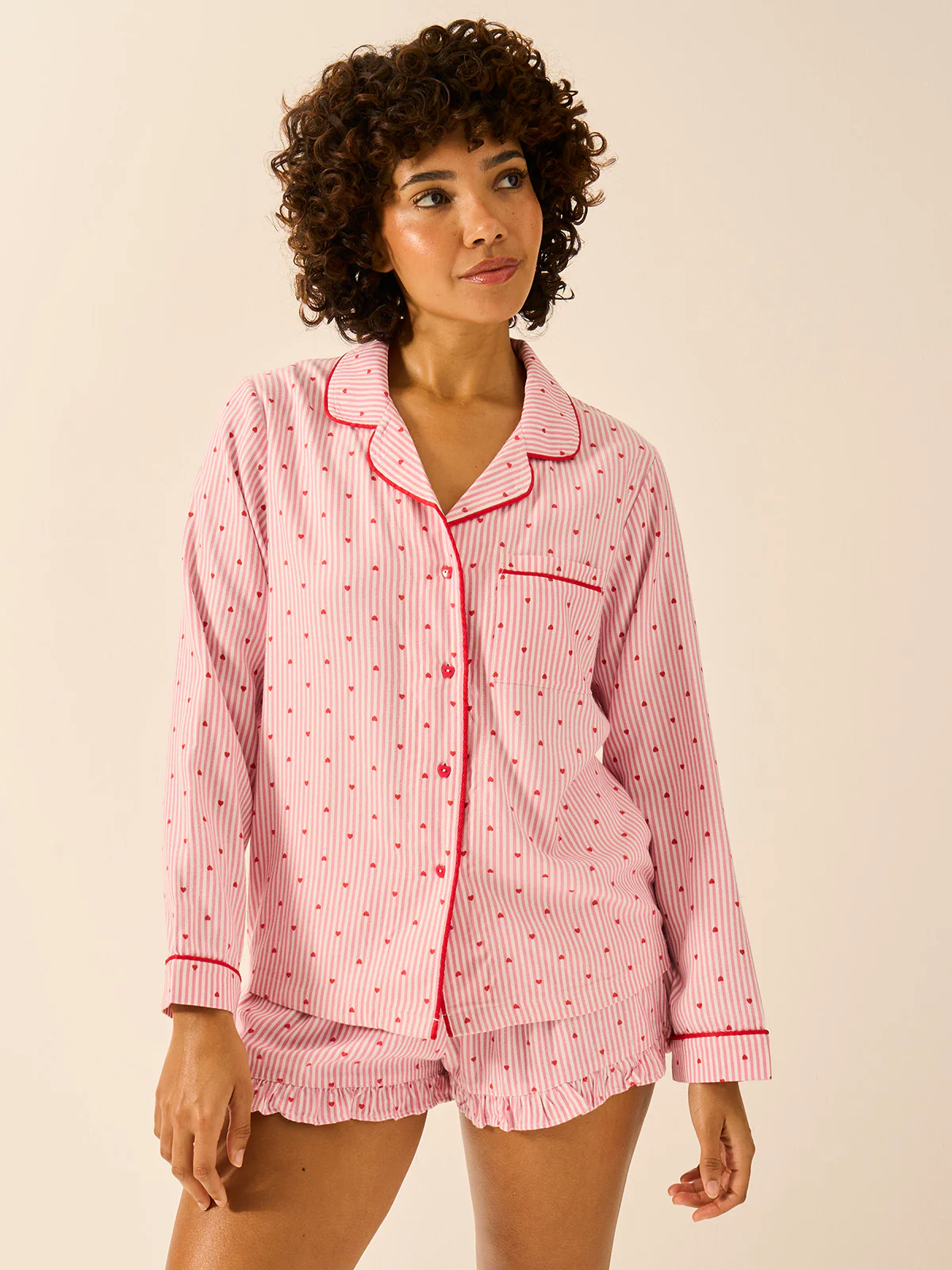Soft Brushed Woven Frill Pyjama Shorts - Hearts - Image 3