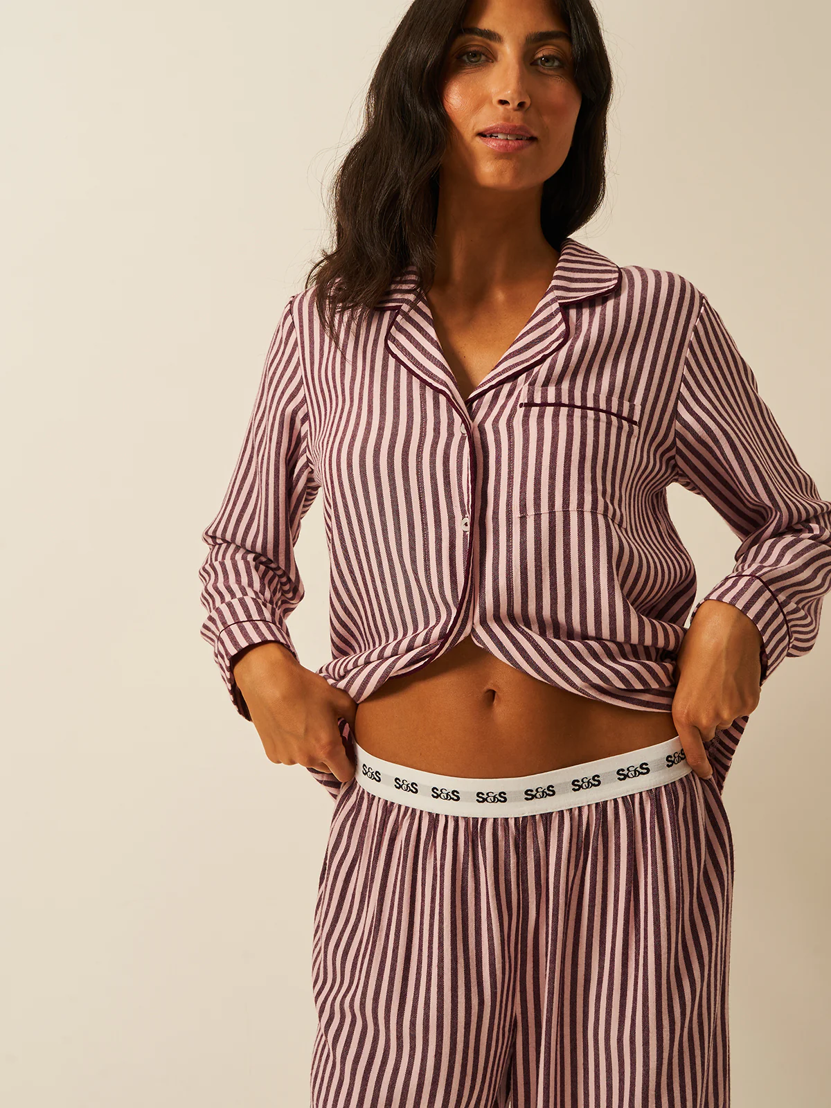Soft Brushed Woven Pyjama Bottoms - Noir Nights & Pink Stripe - Image 5