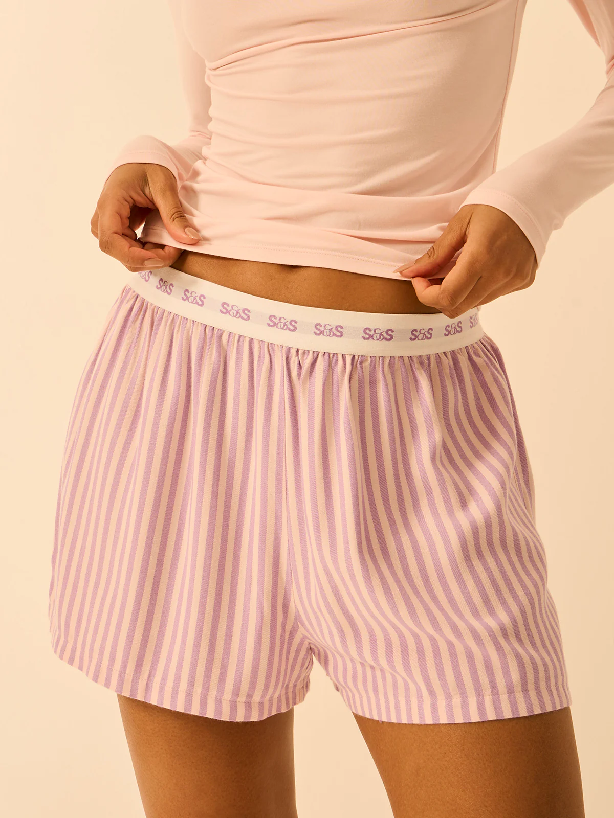 Soft Brushed Woven Pyjama Shorts - Lavender Haze Stripe