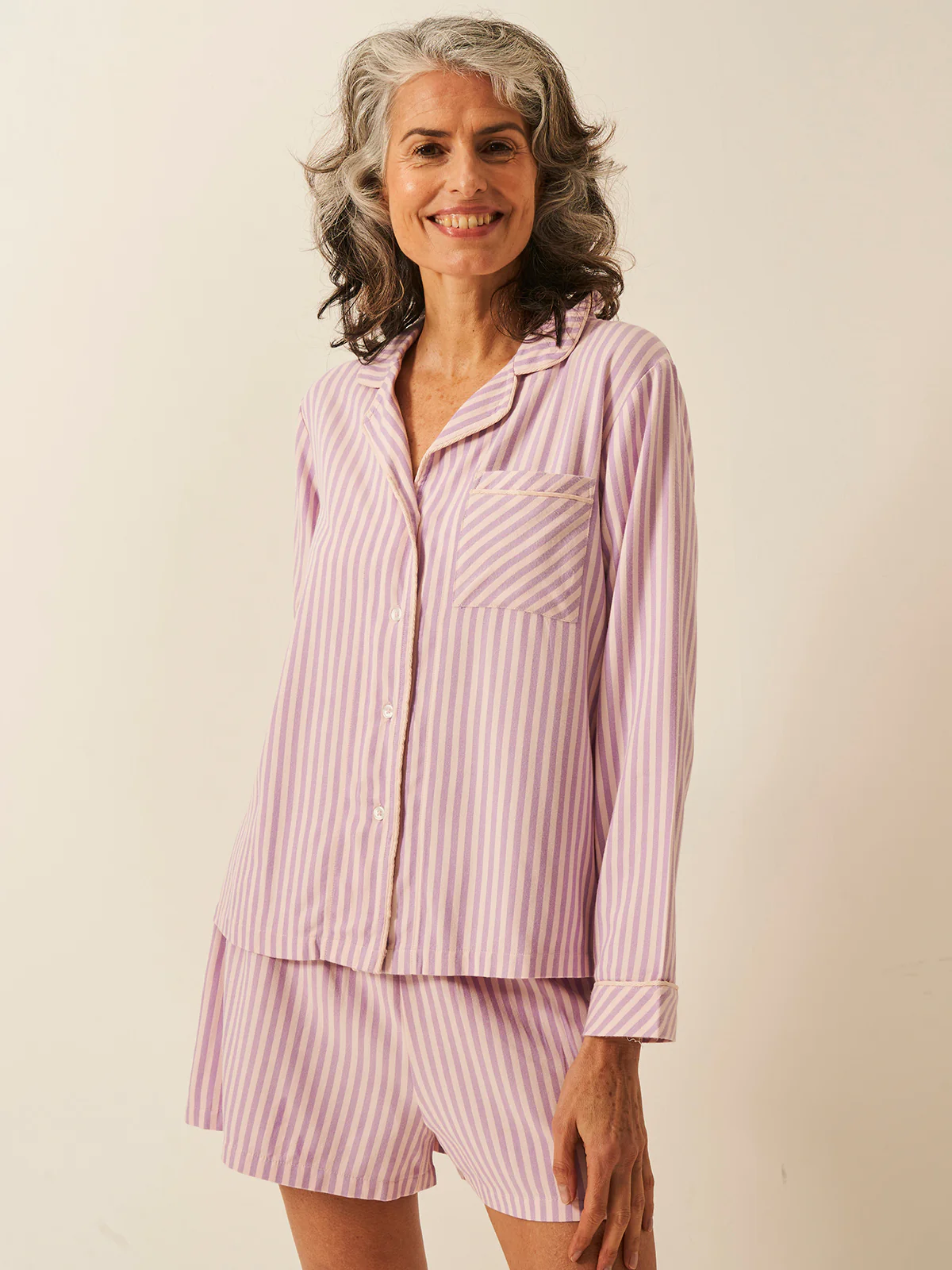 Soft Brushed Woven Pyjama Shorts - Lavender Haze Stripe - Image 5