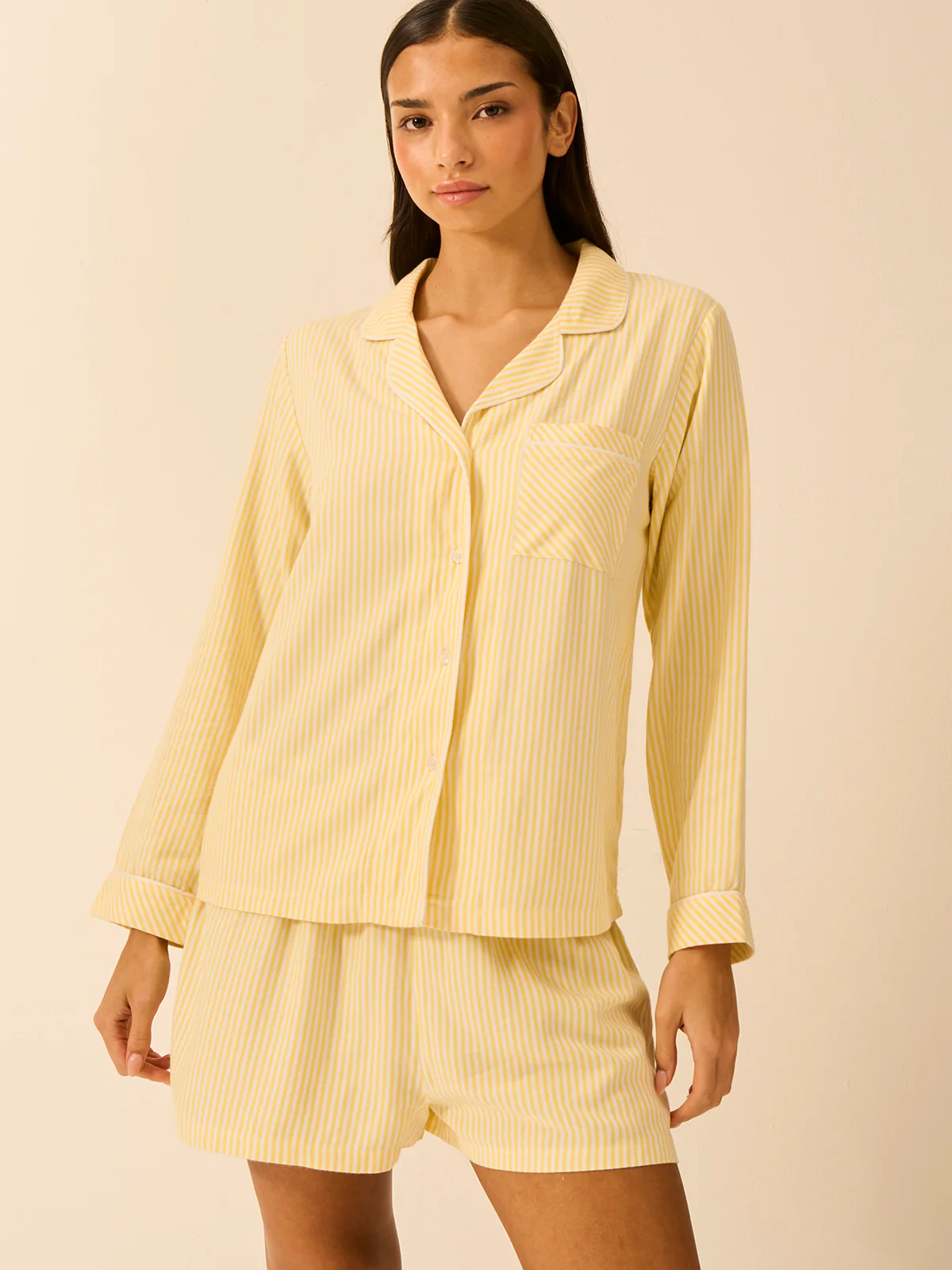 Soft Brushed Woven Pyjama Shorts - Lemon Stripe - Image 4