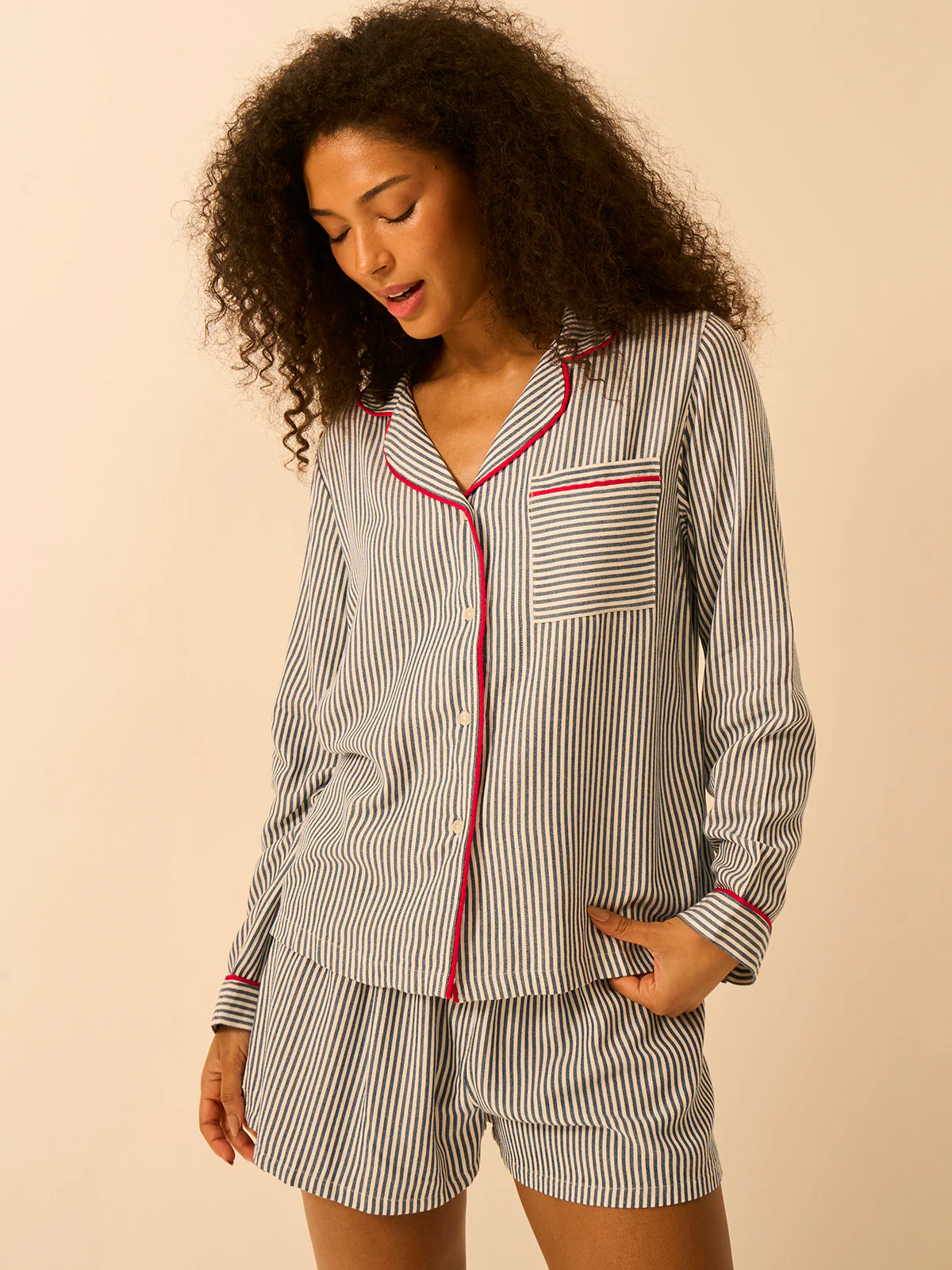 Soft Brushed Woven Pyjama Shorts - Midnight Stripe - Image 4