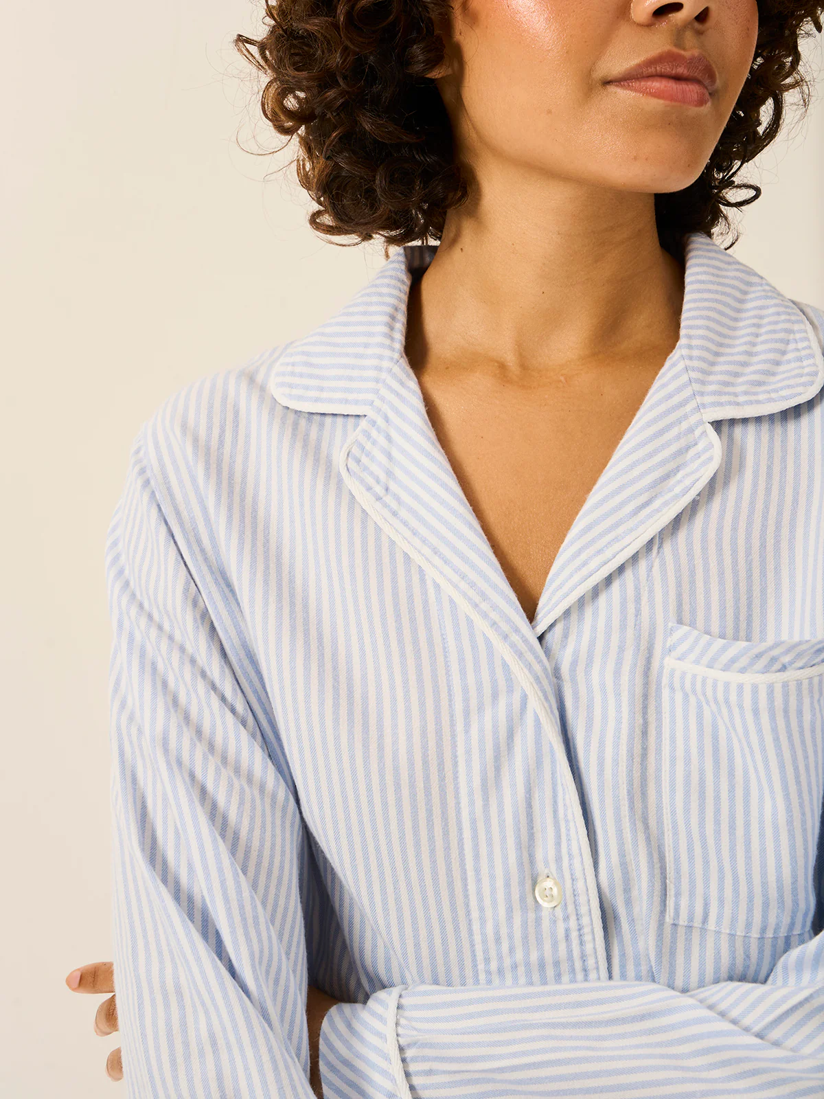 Soft Brushed Woven Pyjama Top - Blue Stripe - Image 3