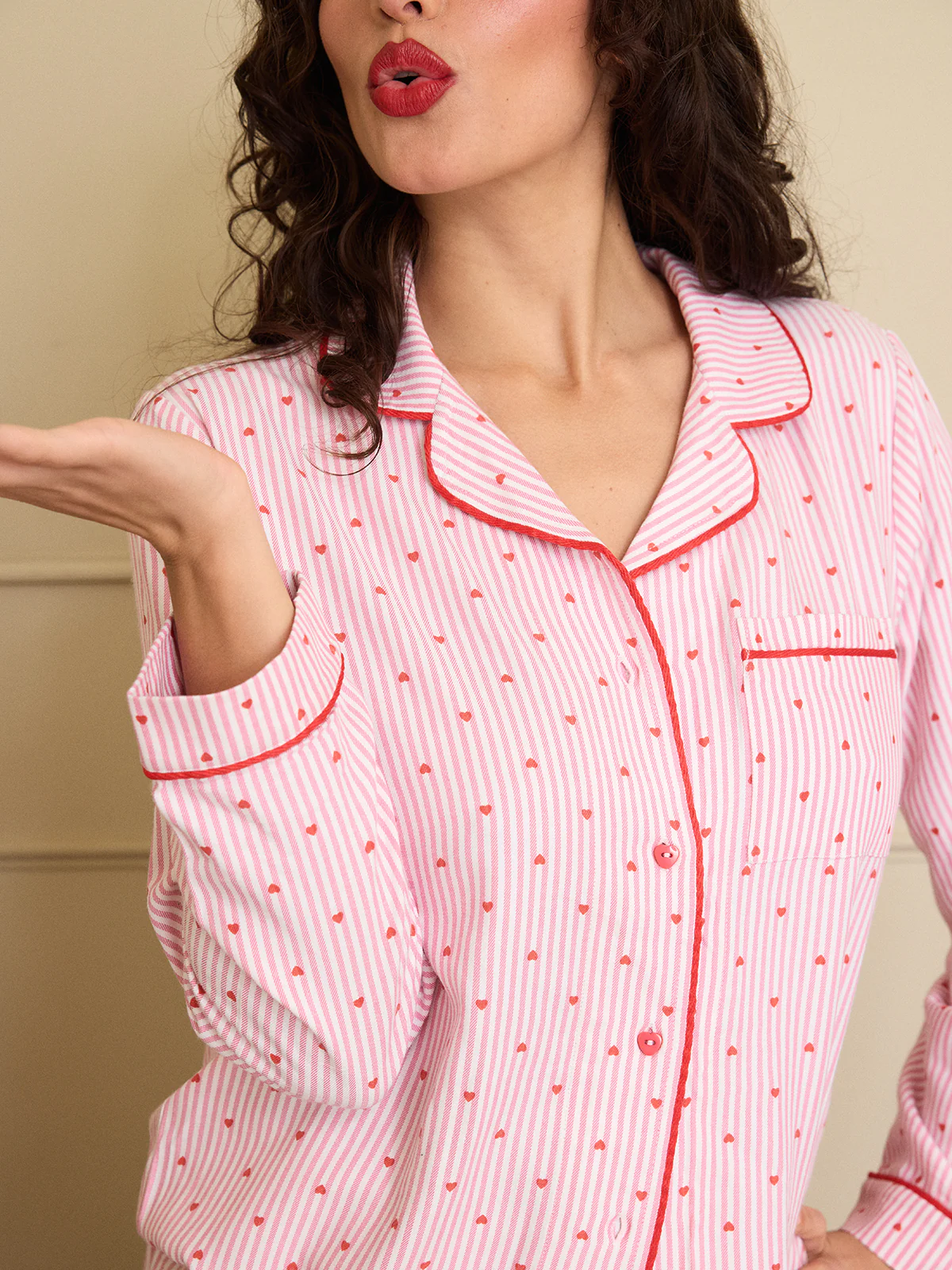 Soft Brushed Woven Pyjama Top - Hearts - Image 7