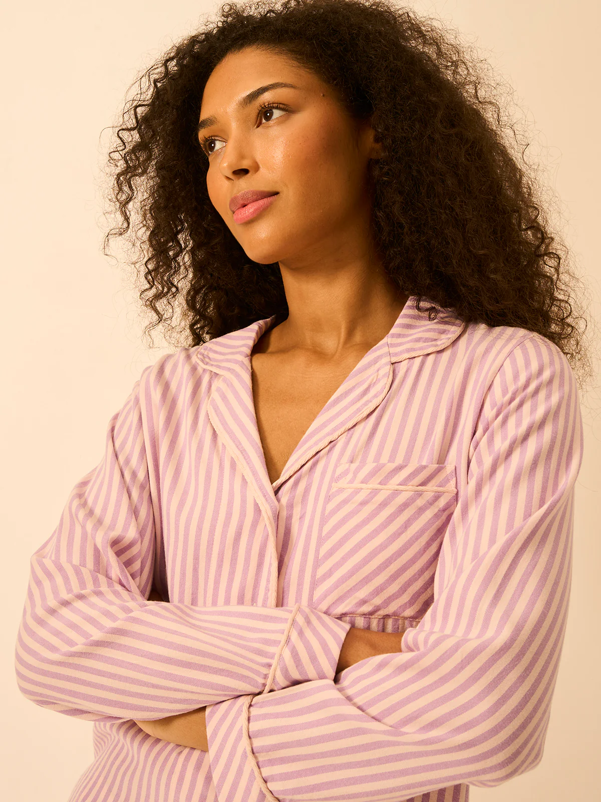 Soft Brushed Woven Pyjama Top -  Lavender Haze Stripe - Image 2