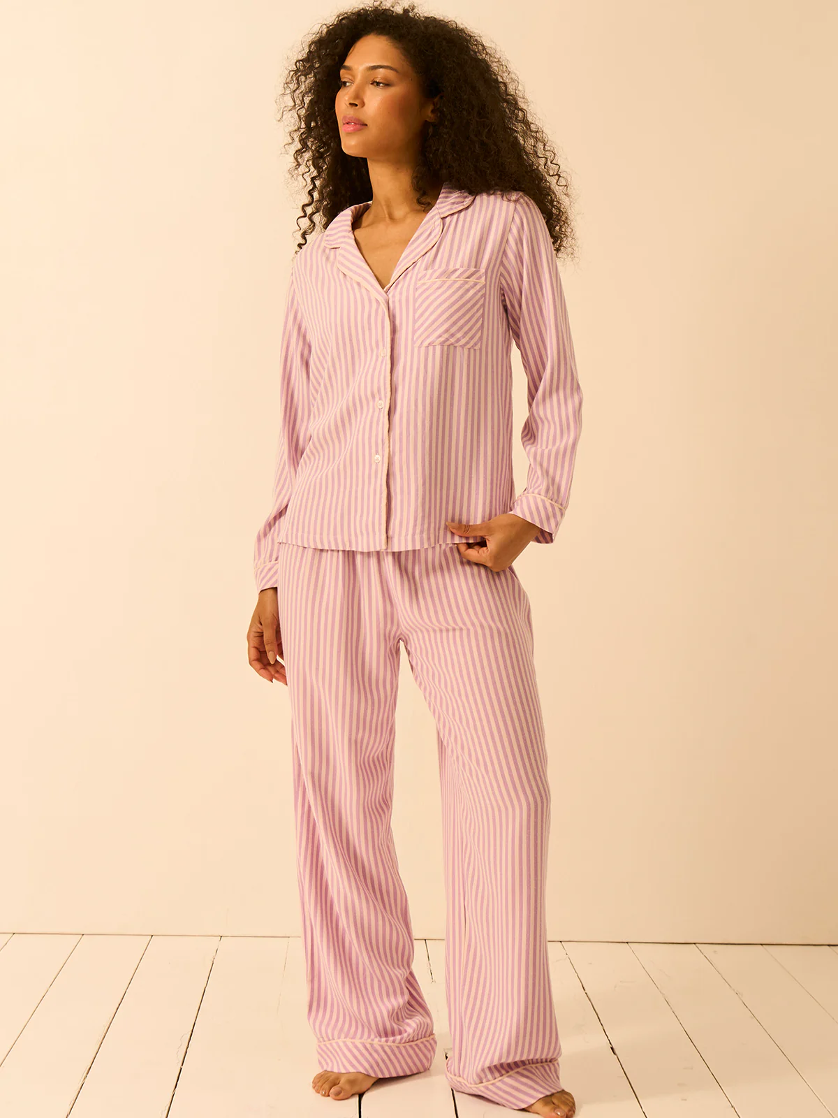 Soft Brushed Woven Pyjama Top -  Lavender Haze Stripe - Image 4