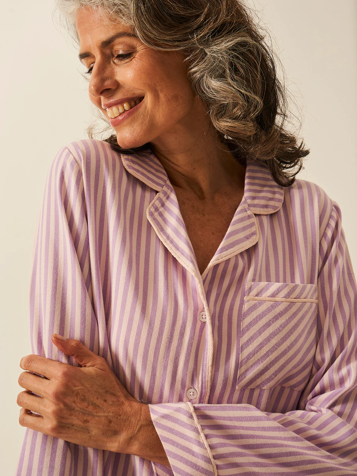 Soft Brushed Woven Pyjama Top -  Lavender Haze Stripe - Image 7