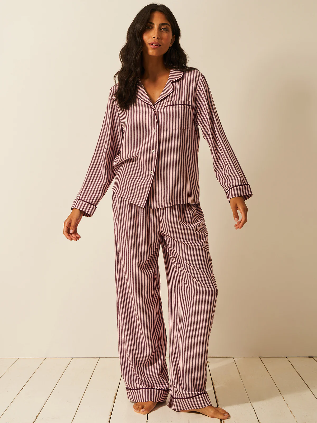 Soft Brushed Woven Pyjama Top - Noir Nights & Pink Stripe - Image 3