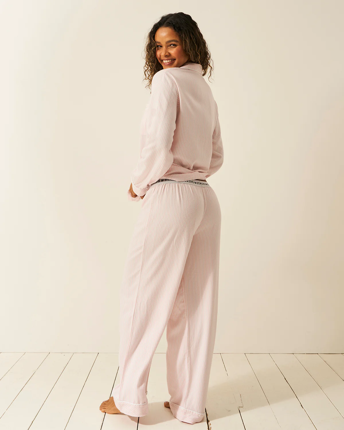 Soft Brushed Woven Pyjama Top - Pink Stripe - Image 9