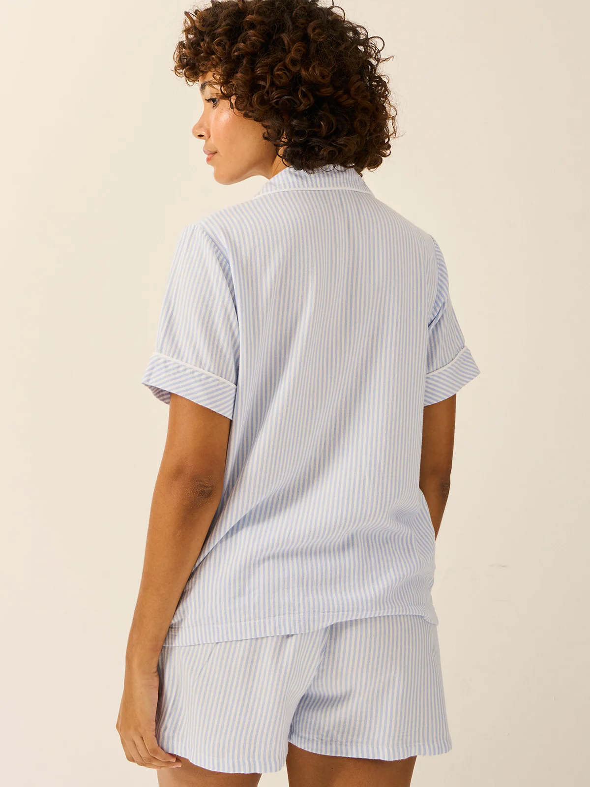 Soft Brushed Woven Short Sleeve Pyjama Top - Blue Stripe - Image 3